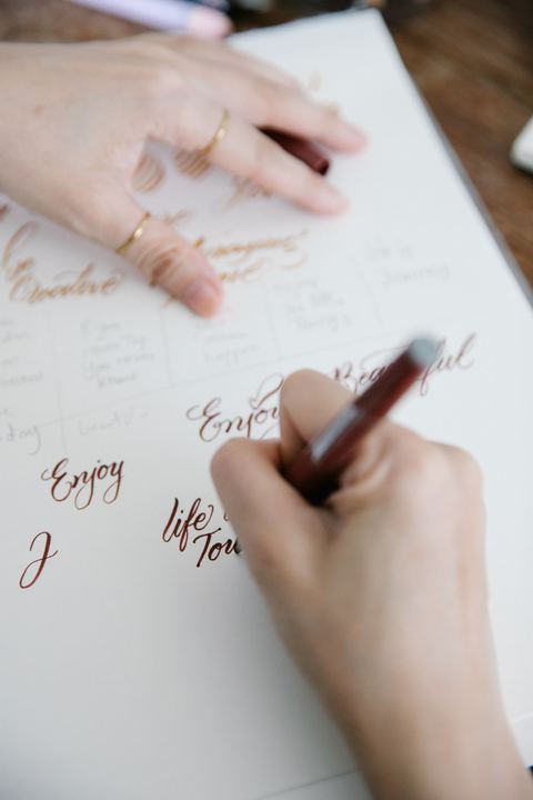 Une main écrit des mots à la plume